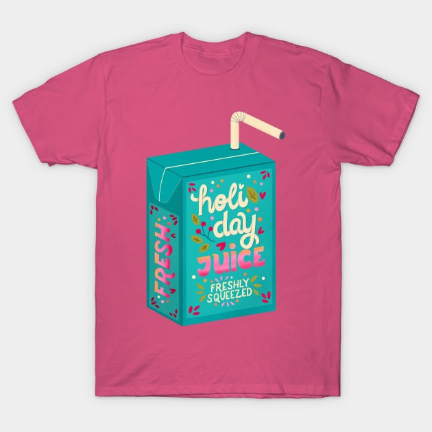 Juice box with hand lettering holiday juice. Cute festive winter holiday illustration. Bright colorful pink and blue greeting card. T-Shirt by BlueLela